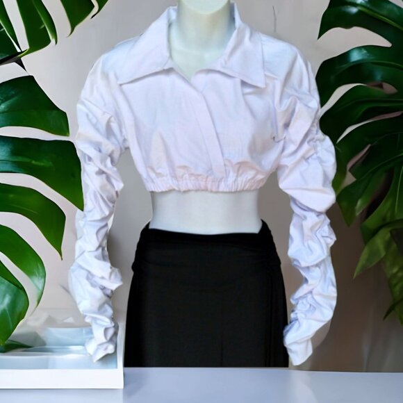 PrettyLittleThing Ruched Long Sleeve Crop Top White Women's Size 6 - Picture 4 of 4